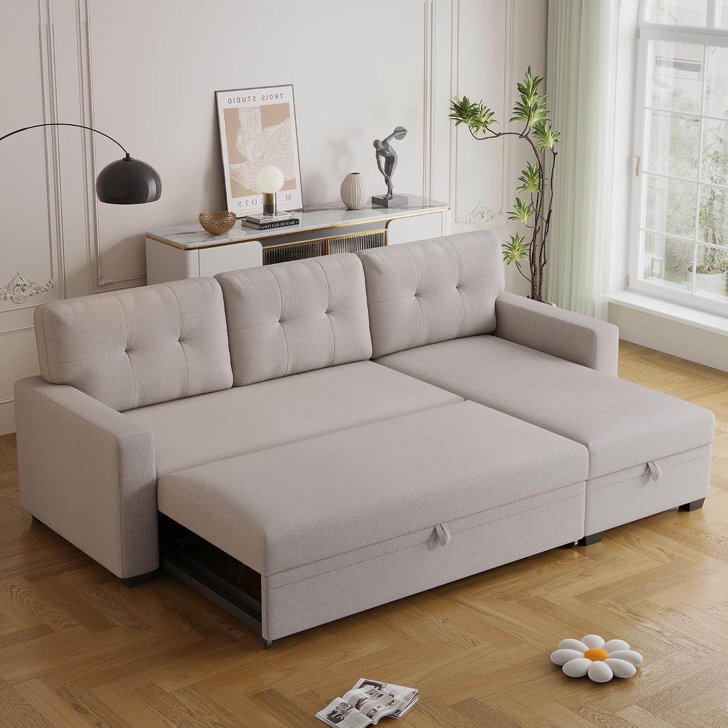 Ball & Cast Convertible Sectional Sleeper Sofa Bed L Shaped,4 in 1 Pull Out Couch with Reversible Storage Chaise & Removable Back Cushions,Sleeper Corner Pull Out Sofa Bed Couch for Living Room,Office