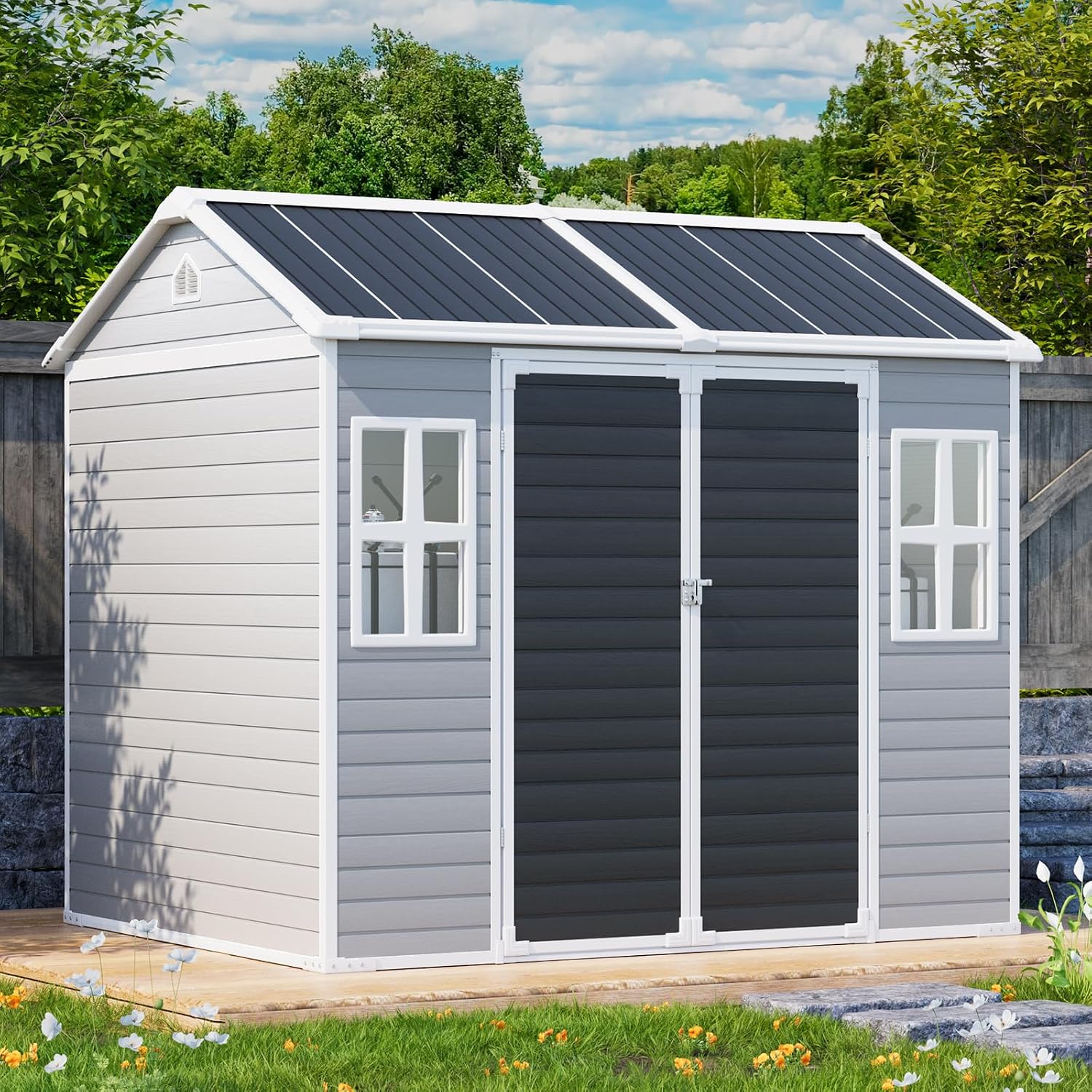 Outdoor Resin Storage Shed 8x6x7 FT with Floor 2 Windows, Reinforced Frame Large Waterproof Plastic Garden Sheds Kit with Base for Backyard Patio Lawn Tools Storage, Gray