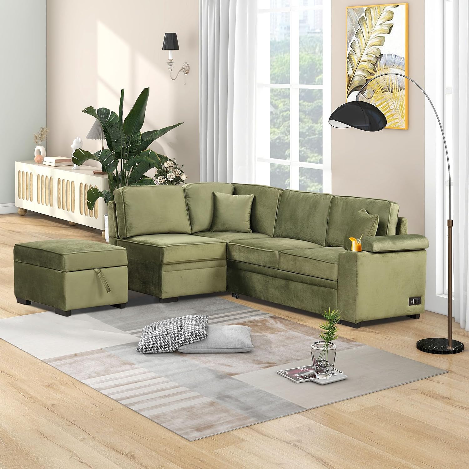 LUMISOL 87' Convertible Sleeper Sofa with Storage Ottoman, L-Shaped Sofa Bed with Cup Holder & USB Charging Stations, Pull Out Sofa Couch with Chaise for Living Room, Green