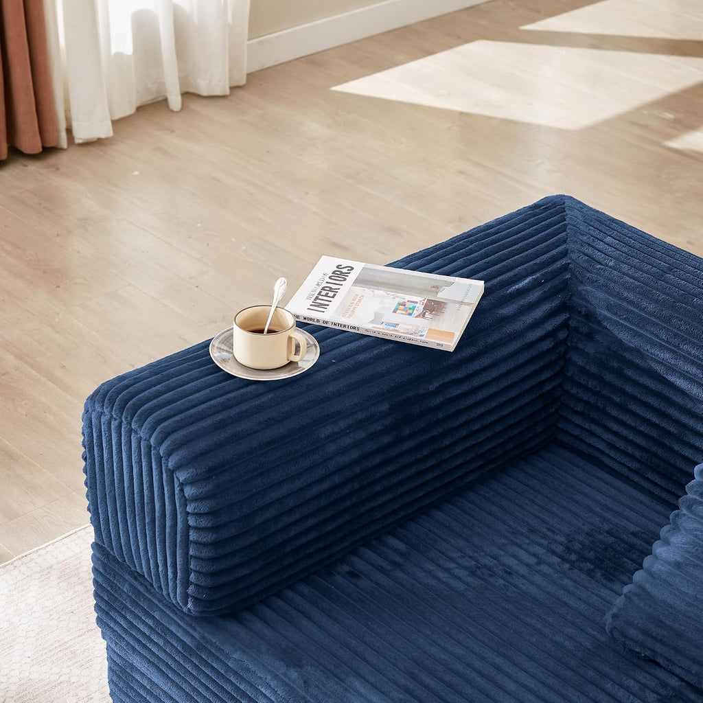 Boneless Couch Futon Sofa Bed Sectional Couches for Living Room,Cloud Couch with Sleeper Sofa,Sofas for Living Room Oversized Corduroy Upholstered (Blue, 76 Inches (No Iron Frame))