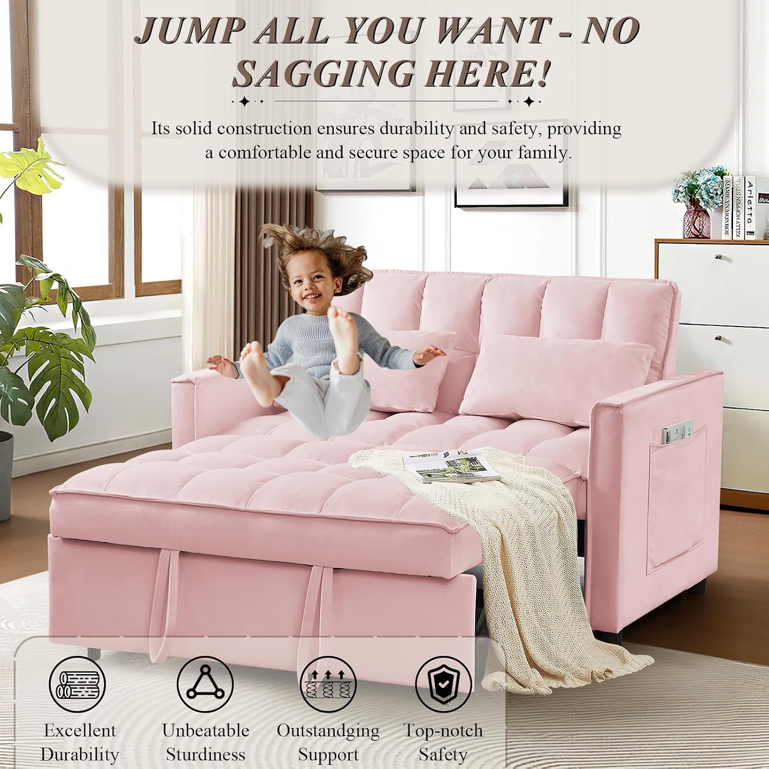 3 in 1 Convertible Sleeper Sofa Bed, Futon Couches for Living Room with Side Pocket/Adjustable Backrest, Velvet Upholstered Pull Out Couch, Small Loveseat Sofa Bed for Bedroom Office Small Spaces