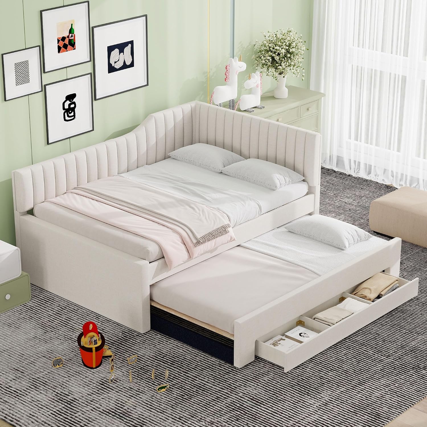 Merax Full Size Upholstered Wood Daybed Extendable Sofa Bed with Trundle and Three Storage Drawers for Living Room Guest Room, Beige