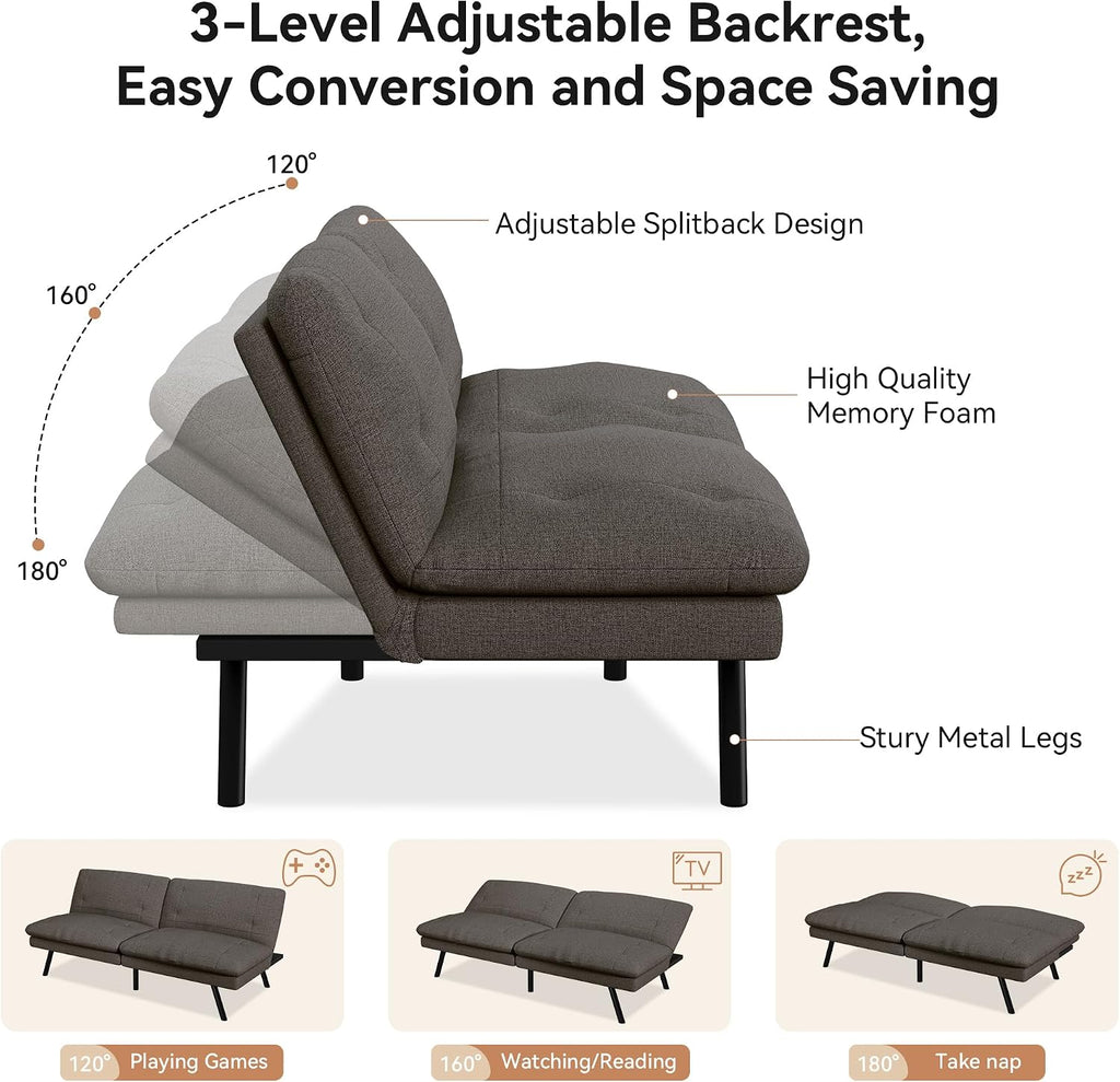 Futon Sofa Bed Convertible Couch, Grey Linen Sofa Bed with Adjustable Backrest, Multifunctional Small Loveseat Sleeper Sofa for Living Room, Apartment, Office
