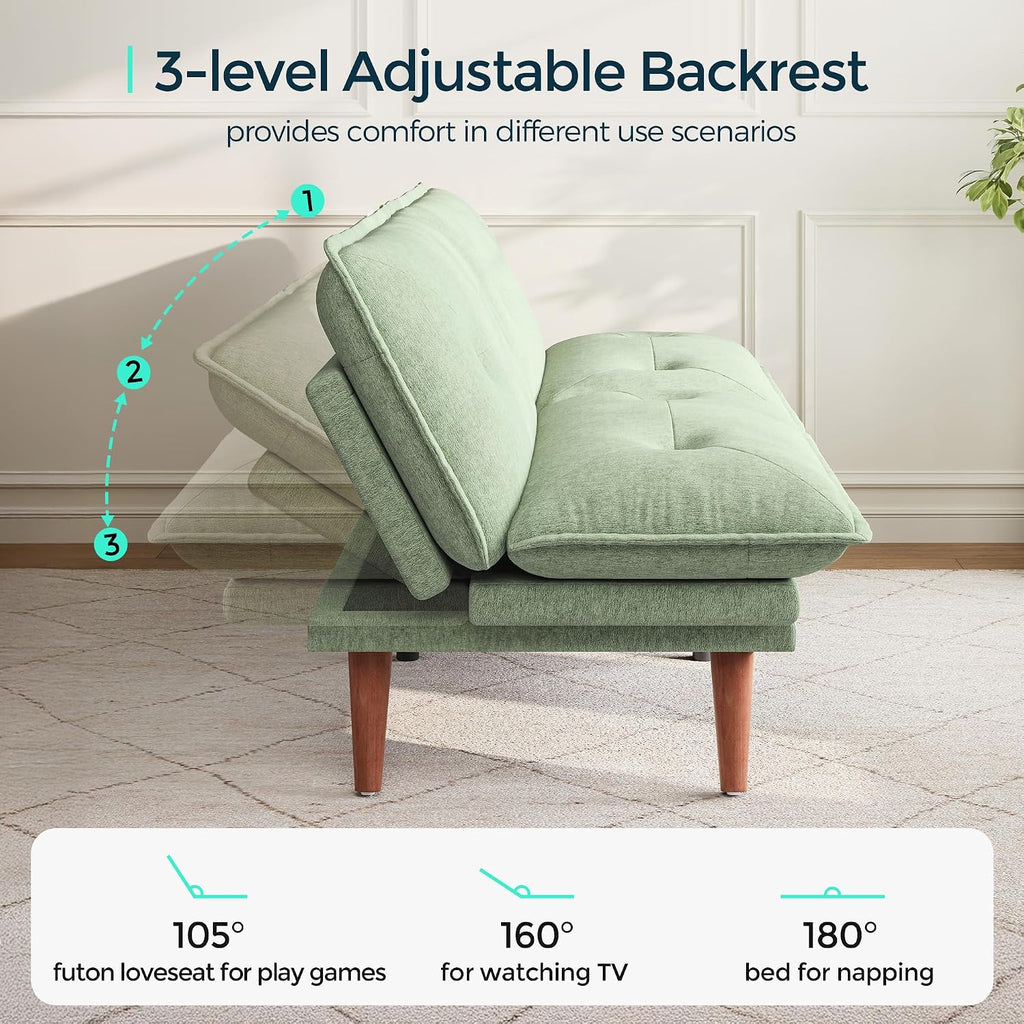 LINSY HOME Futon Sofa Bed, 70' Chenille Futon Couch with Adjustable Backrest Armrest, 3 in 1 Convertible Comfy Loveseat Sleeper Sofa Bed for Small Spaces Dorm Room Apartment Home Office, Light Green
