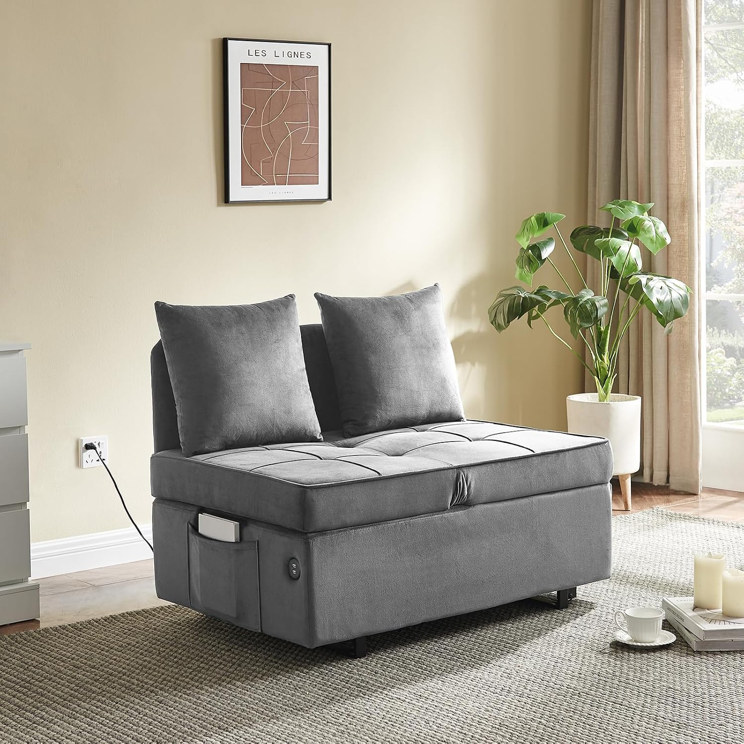 Sofa Bed 4-in-1 Convertible pull out Couch, Velvet Love seat Couch Sleeper Chair Bed with 2 Throw Pillow, Single Recliner with 5 Adjustable Backrests for Living Room Apartment Small Space, Light Grey