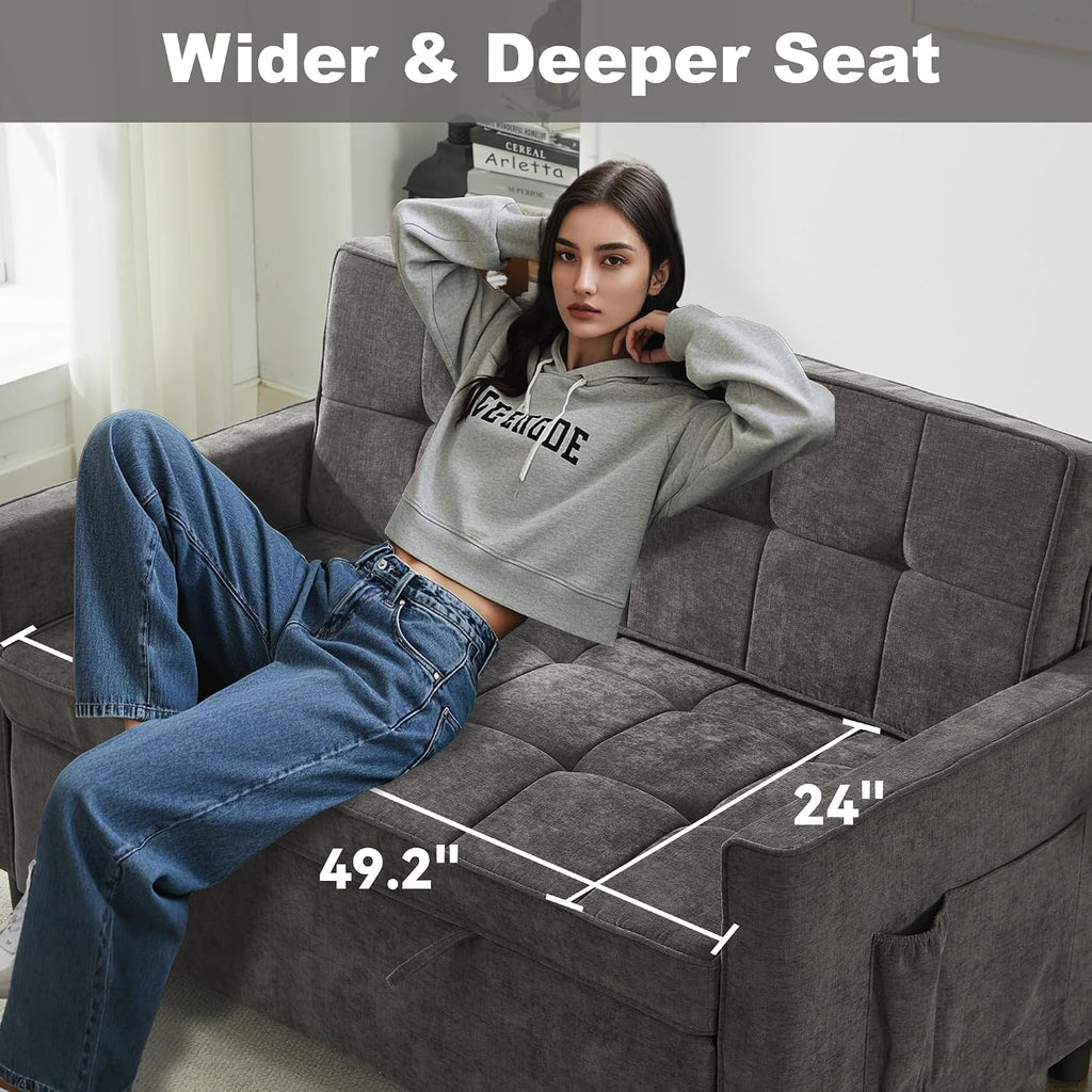 Tbfit 57' Convertible Sofa Bed, Chenille Futon Sleeper Sofa Couch with Pullout Bed, USB & Adjustable Backrest, Full Size Pull Out Loveseat Couches for Living Room, Apartment, Office, Dorm, Dark Grey