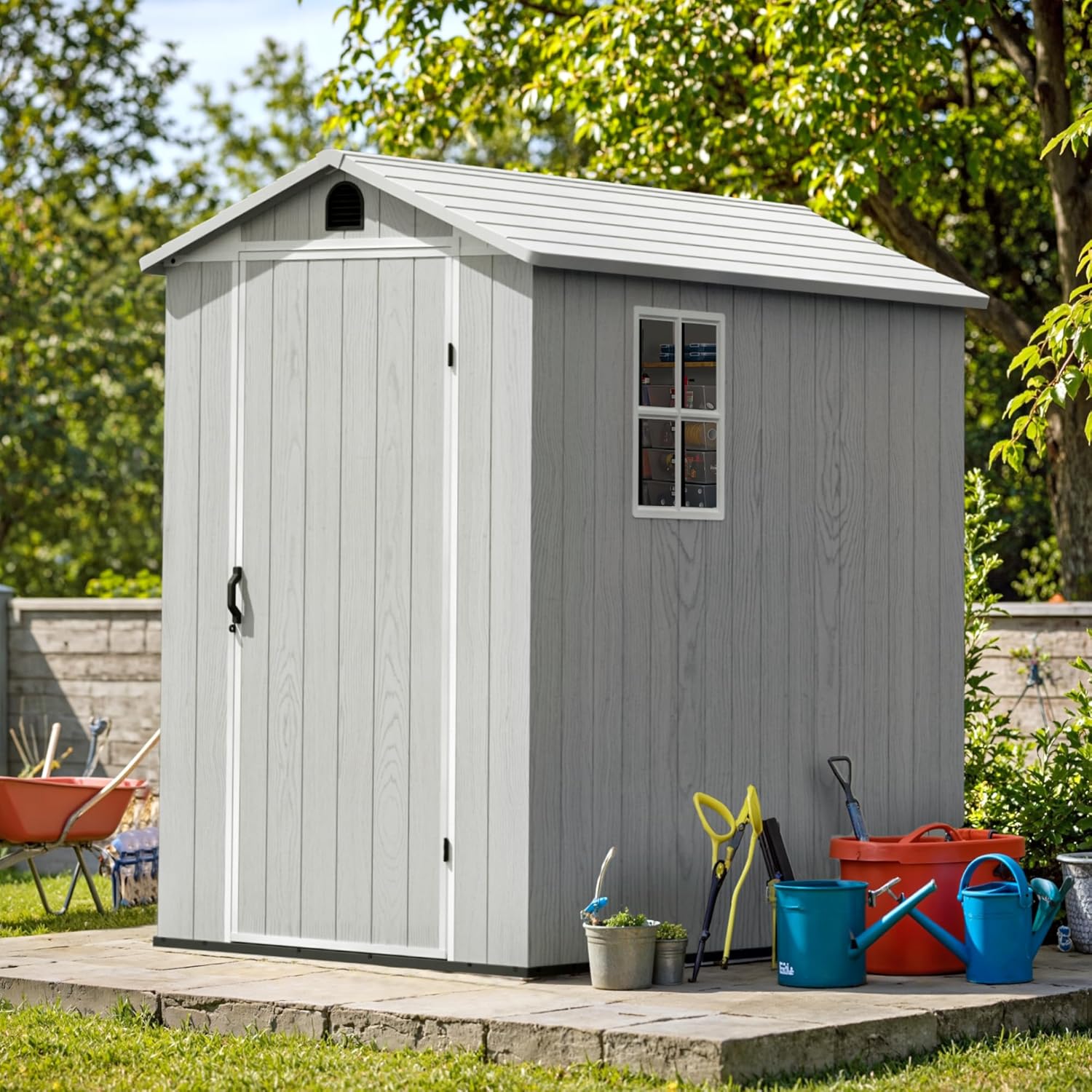 Greesum 4x6FT Plastic Storage Shed with Floor, Resin Outdoor Storaged Sheds with Lockable Door, All Weather Tool Shed with Window and Vent, Easy Assembly for Garden, Backyard, Patio, Light Gray