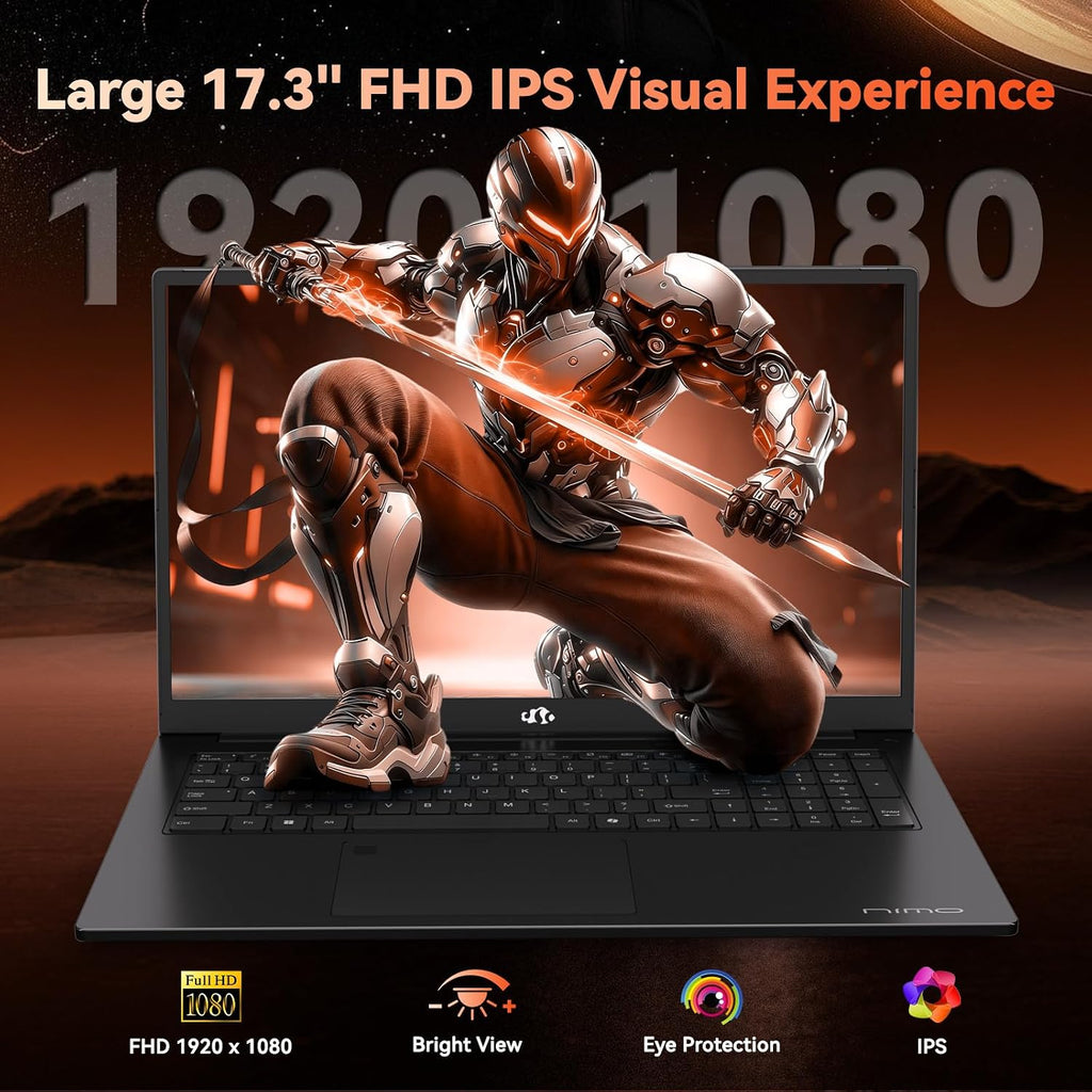 NIMO 17.3' FHD Gaming Laptop – AMD Ryzen 7 7735HS 8-Core/16-Thread, Radeon 680M Graphics, 64GB DDR5, 2TB NVMe SSD, Light Gaming & Esports Ready, Backlit Keyboard, Fingerprint Unlock, 100W PD Type-C