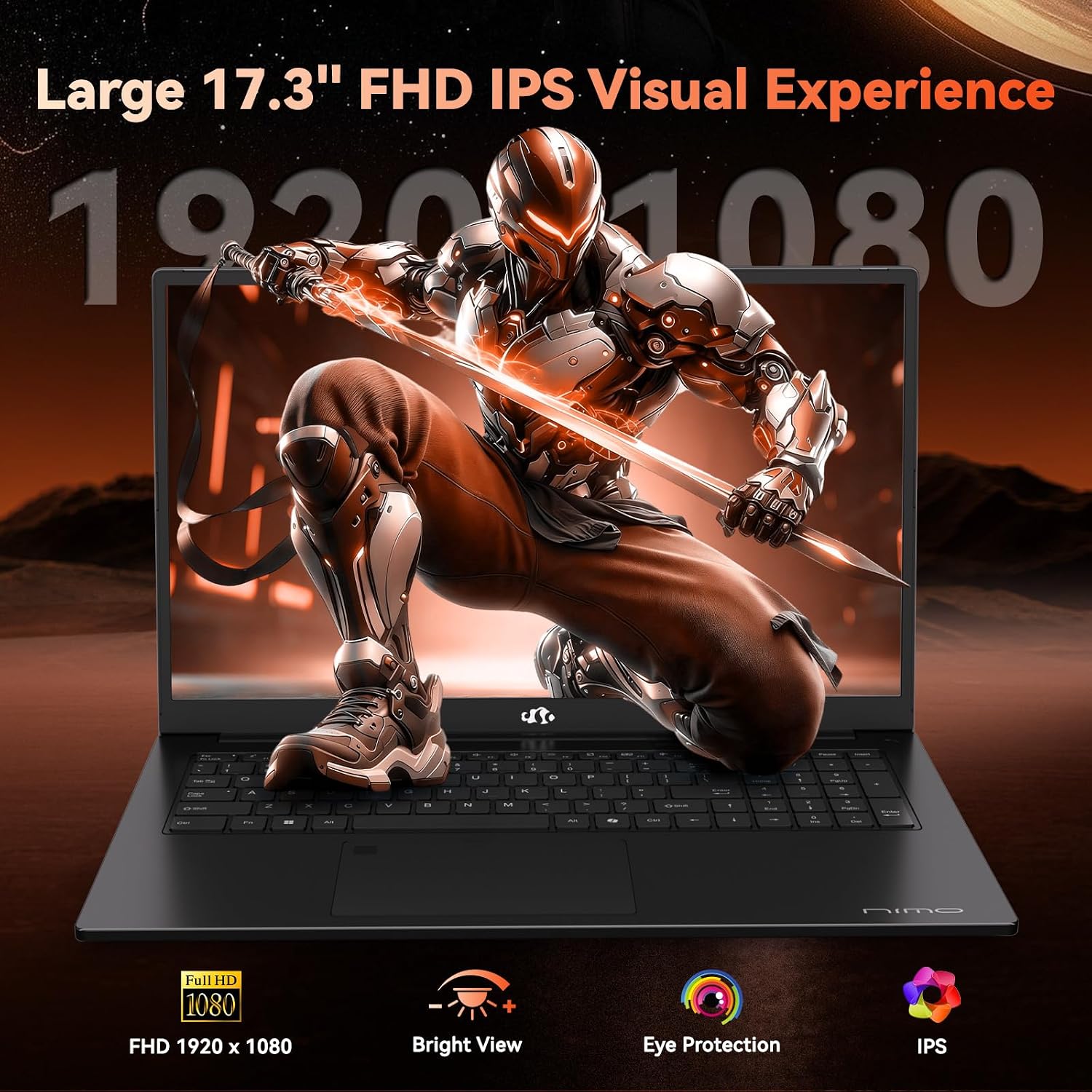 NIMO 17.3' FHD Gaming Laptop – AMD Ryzen 7 7735HS 8-Core/16-Thread, Radeon 680M Graphics, 16GB DDR5, 2TB NVMe SSD, Light Gaming & Esports Ready, Backlit Keyboard, Fingerprint Unlock, 100W PD Type-C