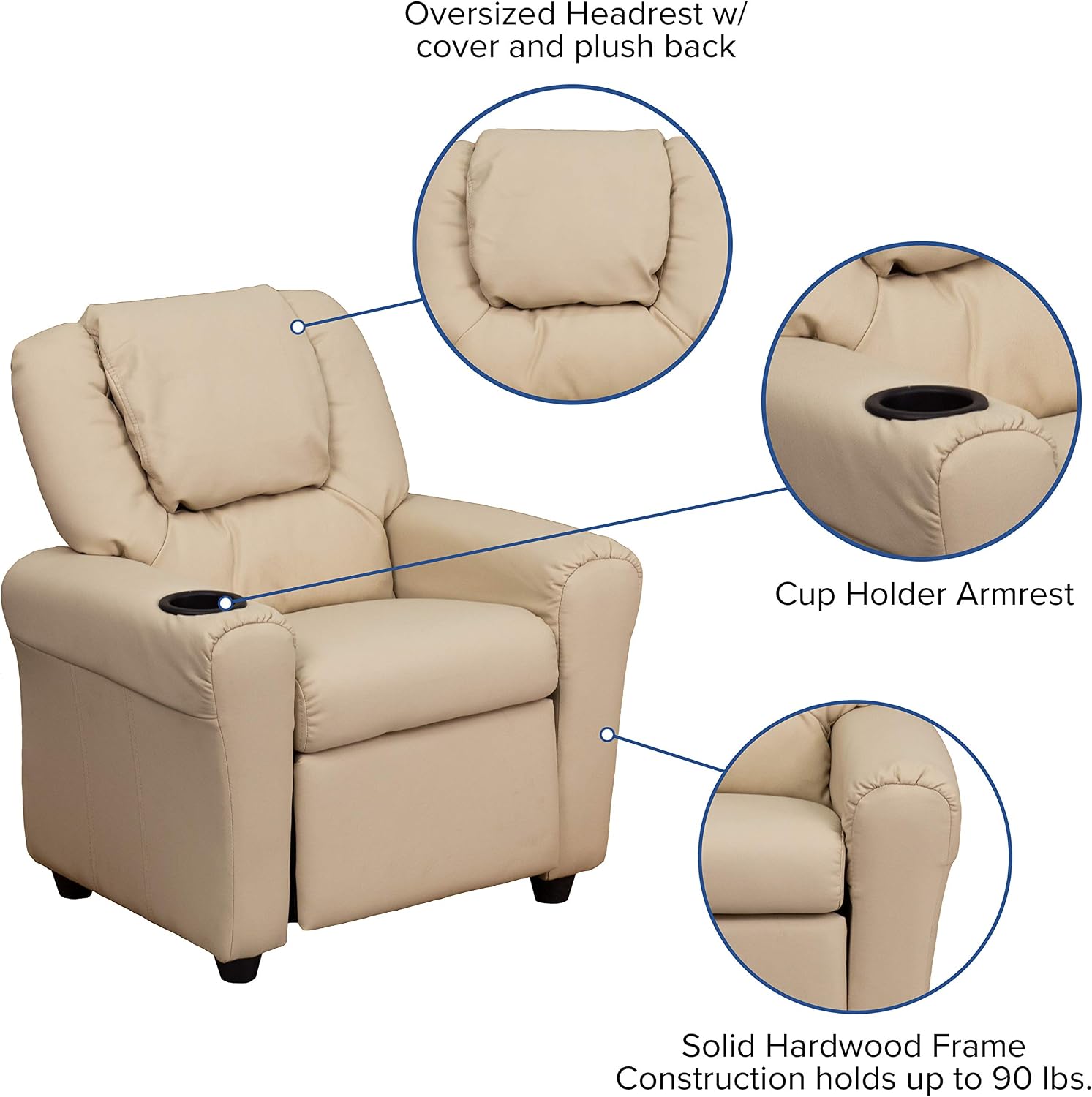EMMA + OLIVER Beige Vinyl Kids Recliner with Cup Holder and Headrest