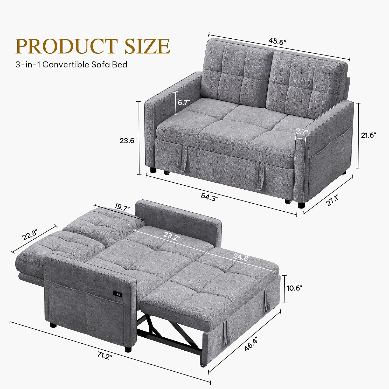 YITAHOME 55' Convertible Sofa Bed, 3-in-1 Sleeper Sofa with Pull-Out Bed, Cat-Scratch-Proof Futon Couch with 5-Levels Reclining Backrest, USB and Side Pocket, Modern Loveseat for Living Room, Grey