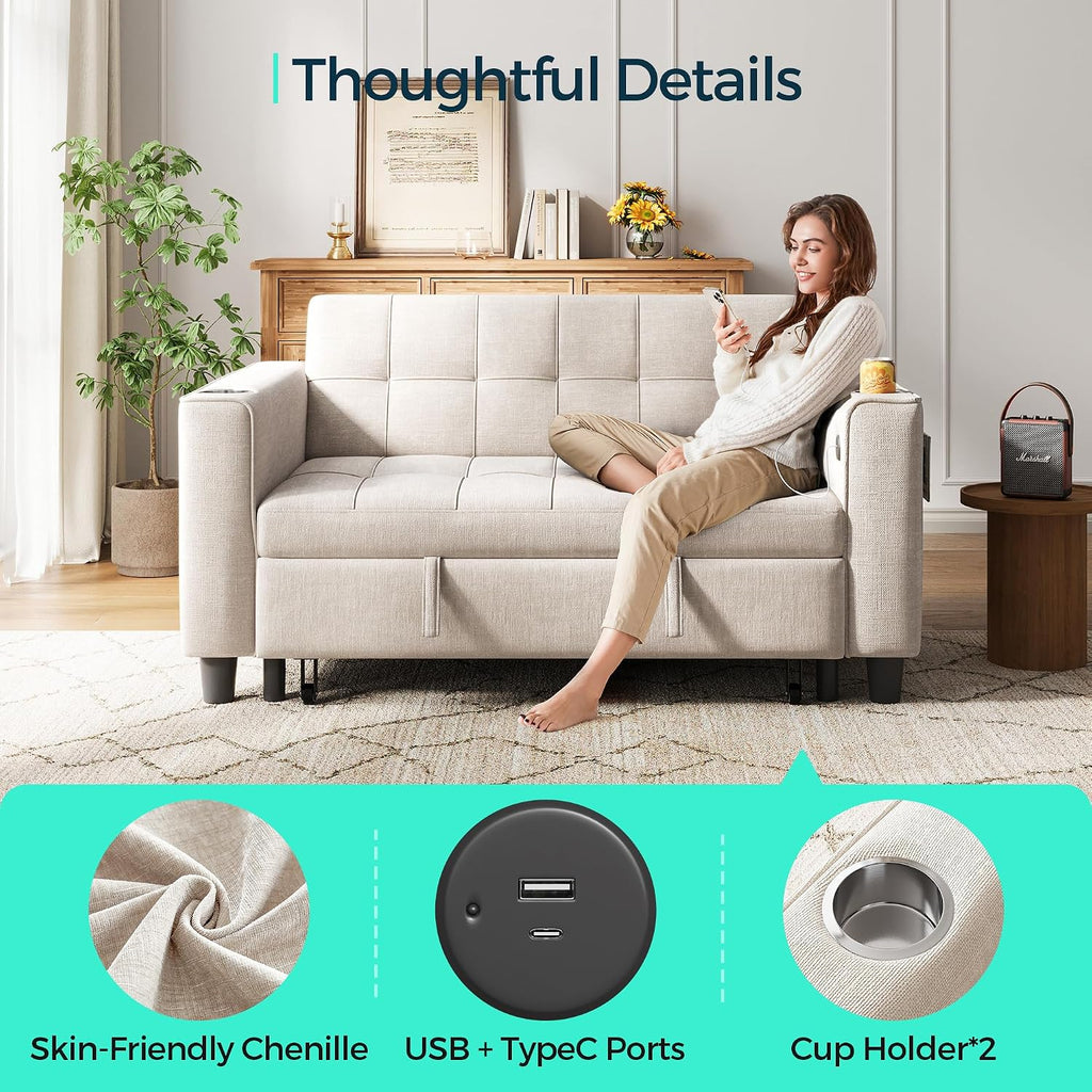 LINSY 3-in-1 Convertible Sofa Bed, 54' Pull Out Sleeper Sofa with Charging Station & Cup Holder, Small Folding Loveseat with Side Pocket for Small Space, Corduroy Couch, Beige