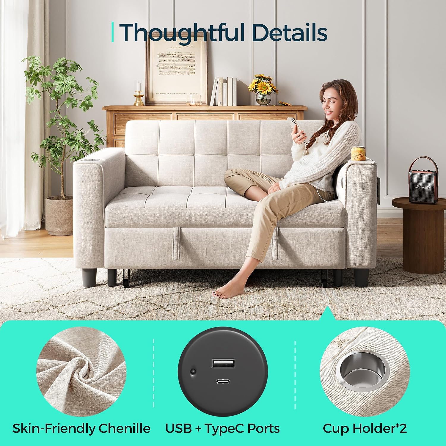 LINSY 3-in-1 Convertible Sofa Bed, 54' Pull Out Sleeper Sofa with Charging Station & Cup Holder, Small Folding Loveseat with Side Pocket for Small Space, Corduroy Couch, Beige