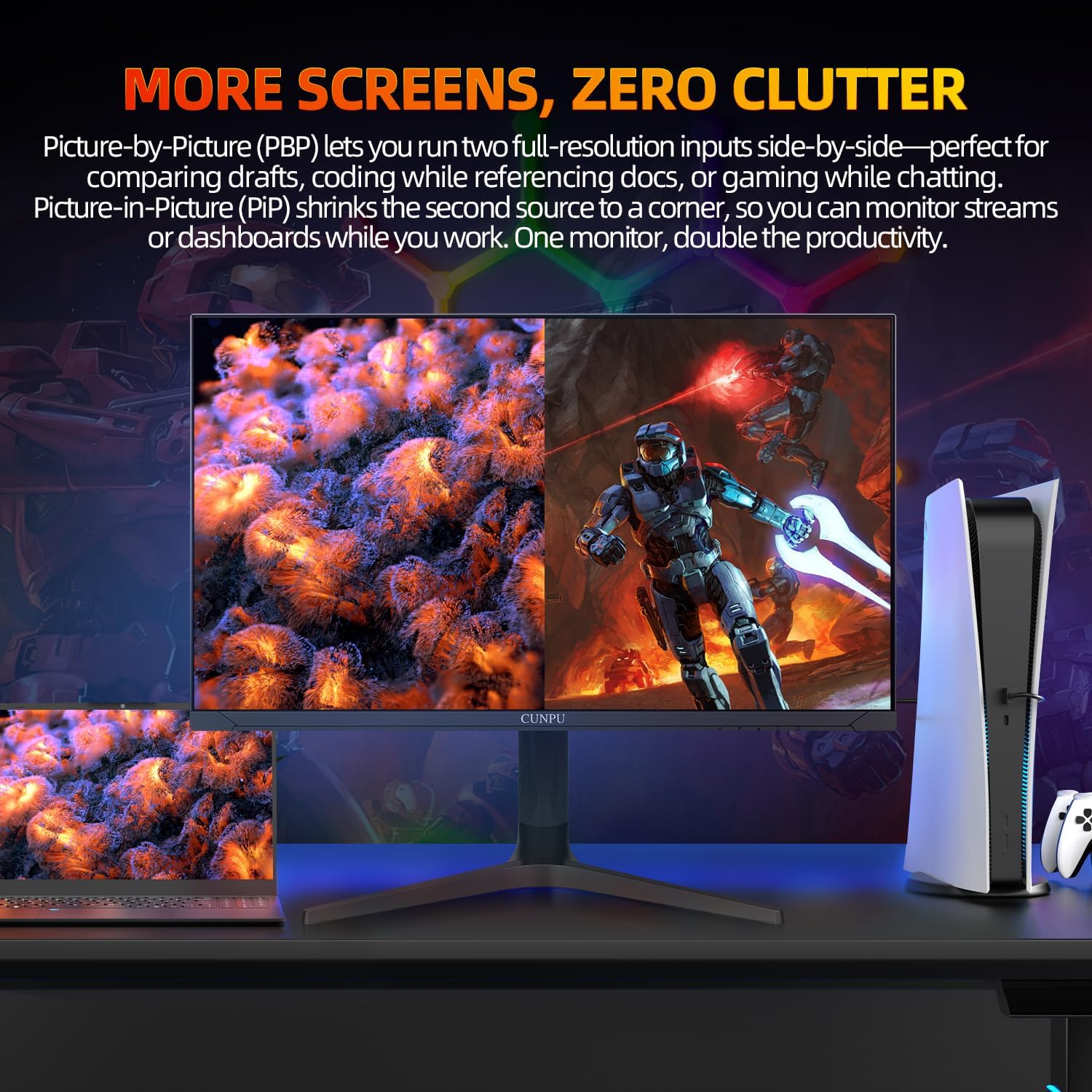 CUNPU 32 Inch 4k Gaming Monitor, 144Hz UHD Fast IPS Panel, 1ms GTG, sRGB 120%,10 Bit, Gsync & FreeSync, Support Xbox PS5 4k 120Hz VRR ALLM, HDMI 2.1,DP 1.4, Height/Vertical Adjustment