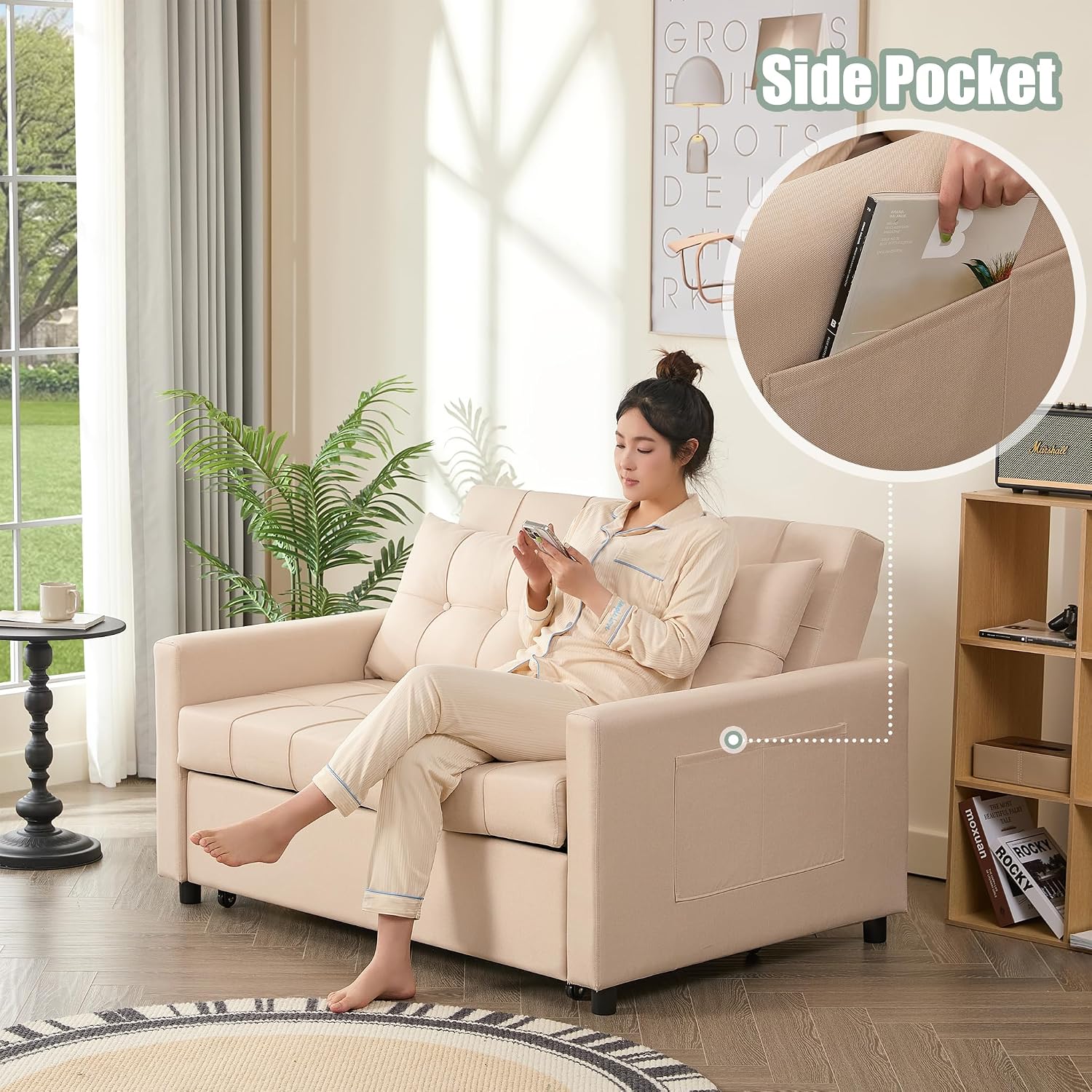 GOSUHI 52' Sleeper Sofa with Pull-Out Bed, 3-in-1 Convertible Sofa Bed, Set of Loveseat with Stepless Adjustable Backrest and Side Pocket, for Living Room Dorm Apartment, Linen, Beige