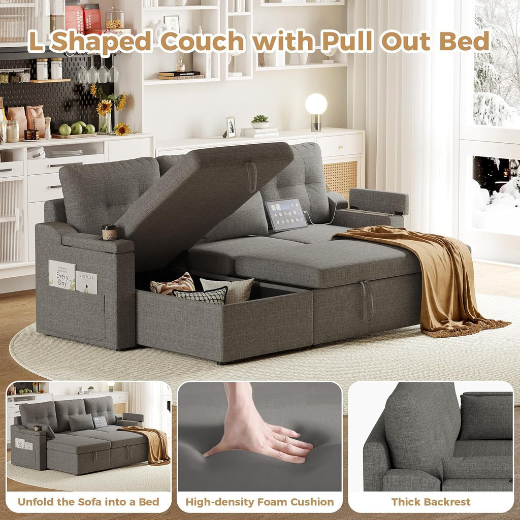 Reversible Sectional Sofa Couch, 85' L-Shaped Sleeper Sofa Bed with Pull Out Bed, Storage Chaise, USB Type-C Ports, Removable Backrest, Cup Holder, Modern Convertible Couch for Living Room, Grey