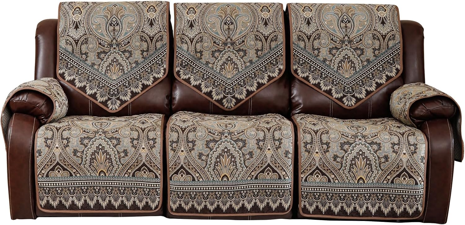 Waterproof Recliner Sofa Covers Non-Slip Recliner Couch Covers for 2 seat, Split Washable Jacquard Reclining Couch Covers Furniture Protecto (FLKF-Brown, 3 Seater)