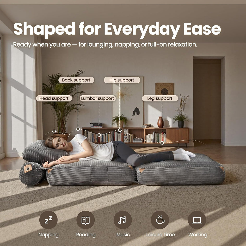 ovios Folding Sofa Bed, Foldable Sleeper Chair Floor Futon, Comfy Portable Convertible Fold Out Lounge Chairs for Living Room Bedroom, Grey