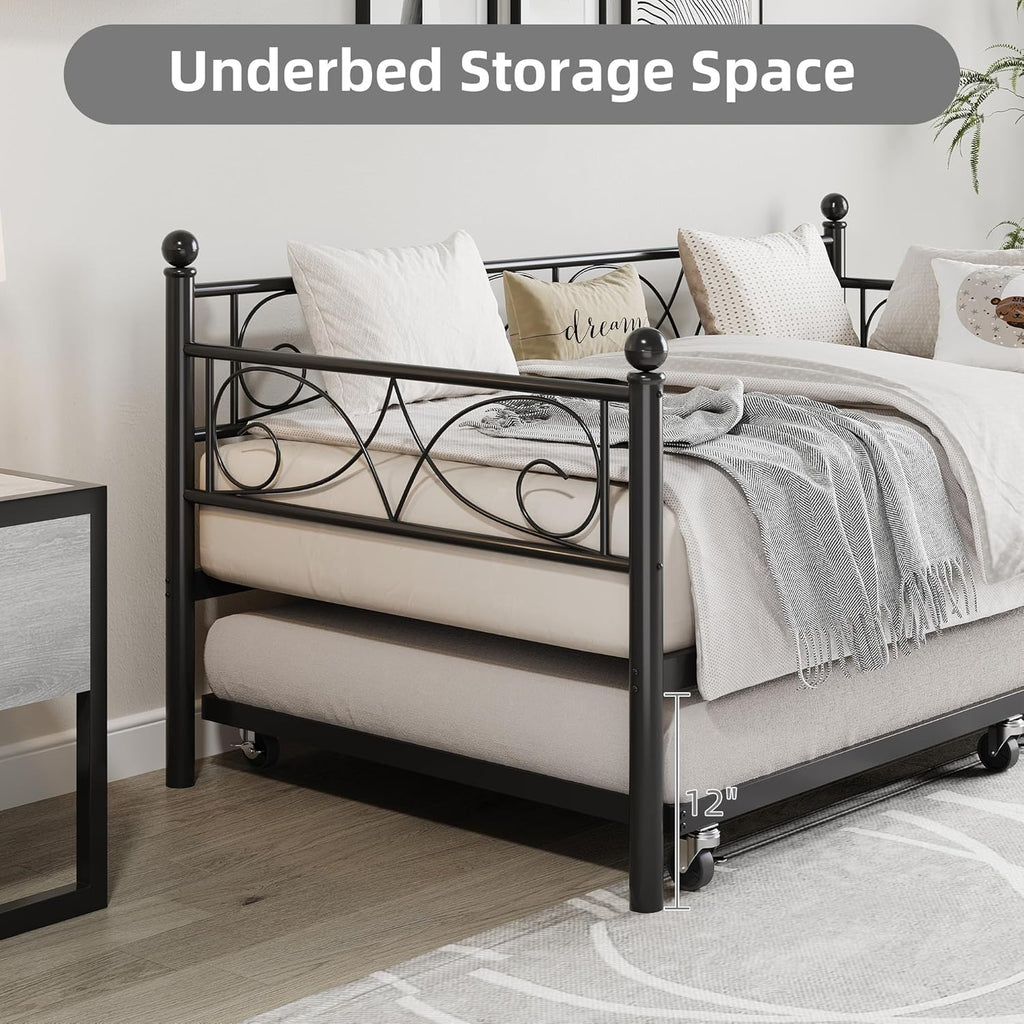 IDEALHOUSE Twin Daybed with Trundle, Metal Trundle Bed, Sofa Bed Frame, Heavy Duty Metal Slats, for Living Room, Bedroom, Guest Room, Space Saving, Modern Black