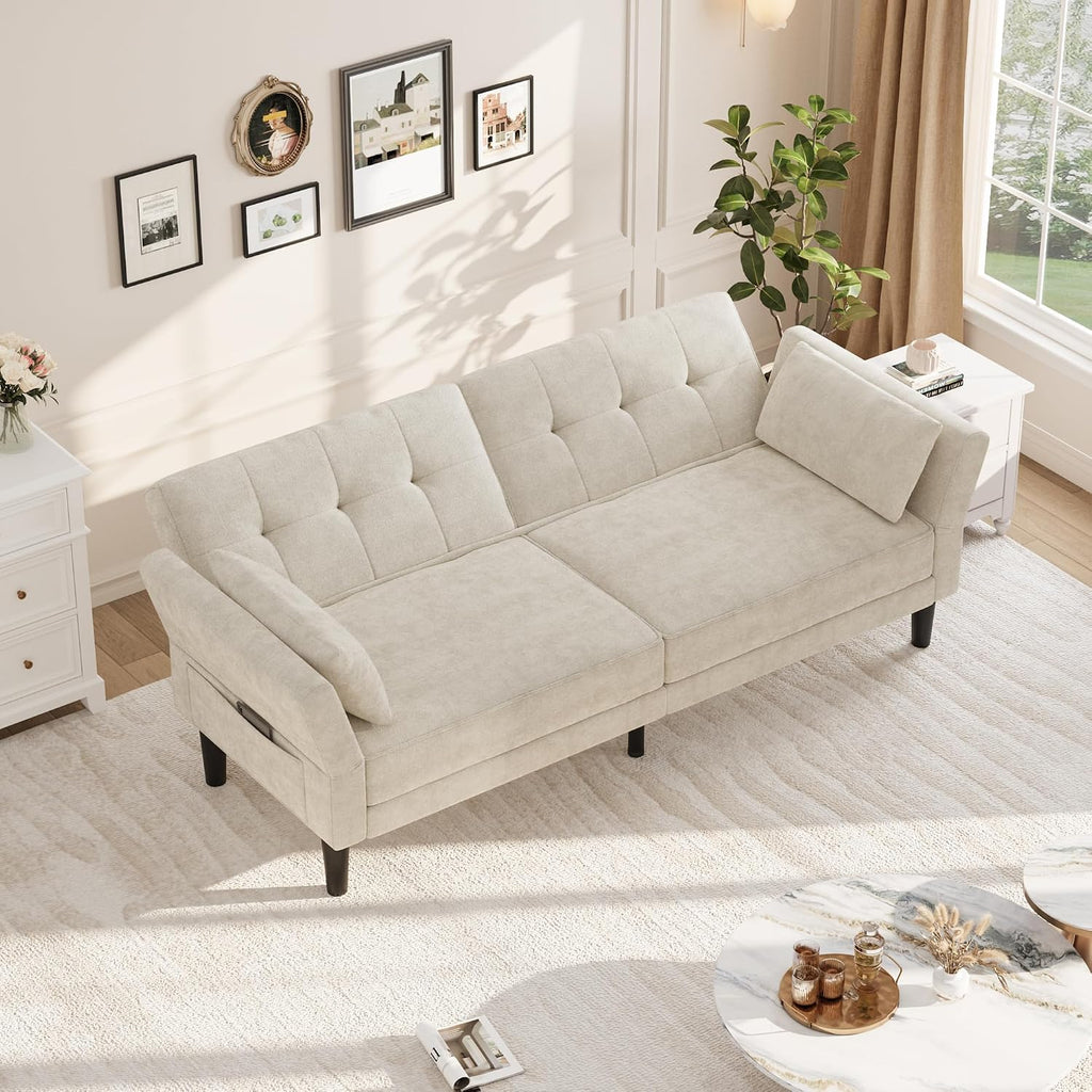 Garvee 89' Futon Sofa Bed, Modern Futon Couch Bed with Adjustable Backrest & Armrest, Comfy Convertible Sleeper Couch for Living Room Bedroom Apartments, Beige