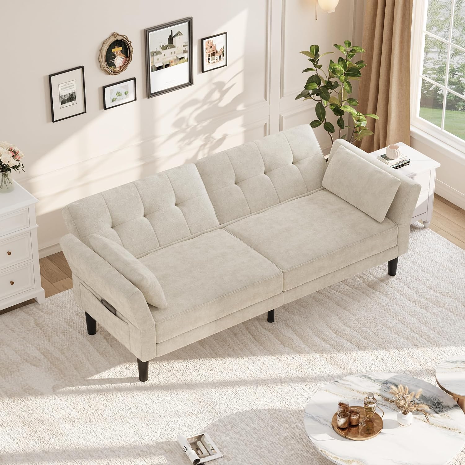 Garvee 89' Futon Sofa Bed, Modern Futon Couch Bed with Adjustable Backrest & Armrest, Comfy Convertible Sleeper Couch for Living Room Bedroom Apartments, Beige