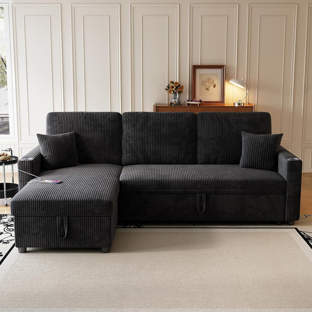 Sleeper Sectional Sofa, 83' Convertible Sofa Bed with Pull Out Couches, Small Desktop, L Shaped Couch with Reversible Chaise, Cup Holders, USB, Modern Corduroy Sofas for Living Room Apartment, Black