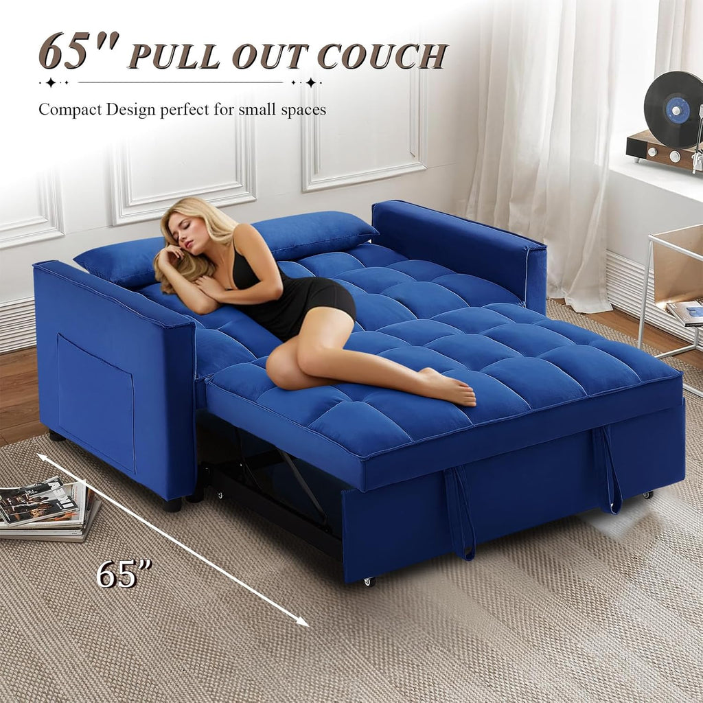 3 in 1 Convertible Sleeper Sofa Bed, Futon Couches for Living Room with Side Pocket/Adjustable Backrest, Velvet Upholstered Pull Out Couch, Small Loveseat Sofa Bed for Bedroom Office Small Spaces