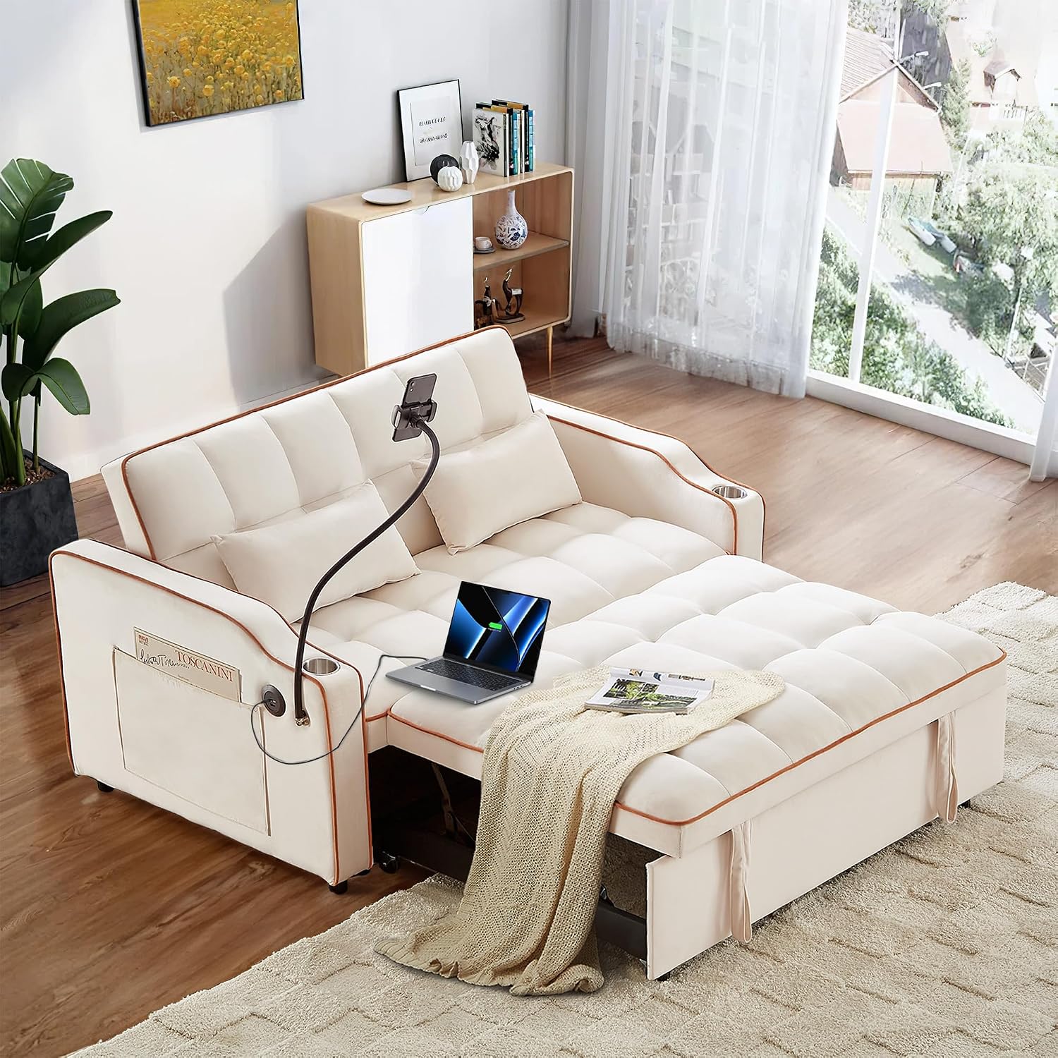 Sleeper Sofa Couch Bed with Phone Holder, Modern 3-in-1 Convertible Velvet Pull Out Loveseat Futon Sofa with USB & Type C Port & Cup Holder for Living Room Bedroom Office