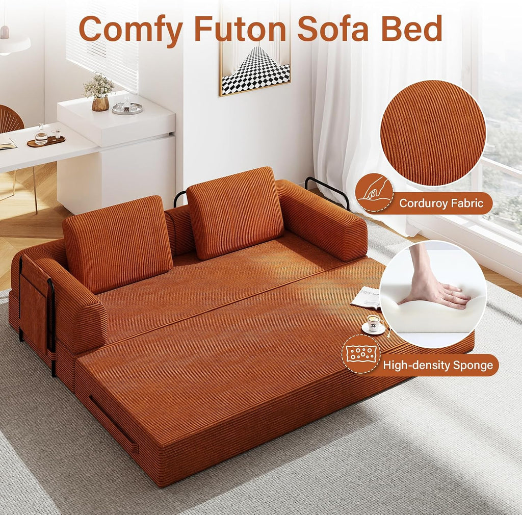 78'' Sleeper Couch Bed for Living Room, Convertible Modular Sofa with Fixed Frame and Side Pocket, Corduroy Futon Boneless Couches in a Box, No Assembly, Orange