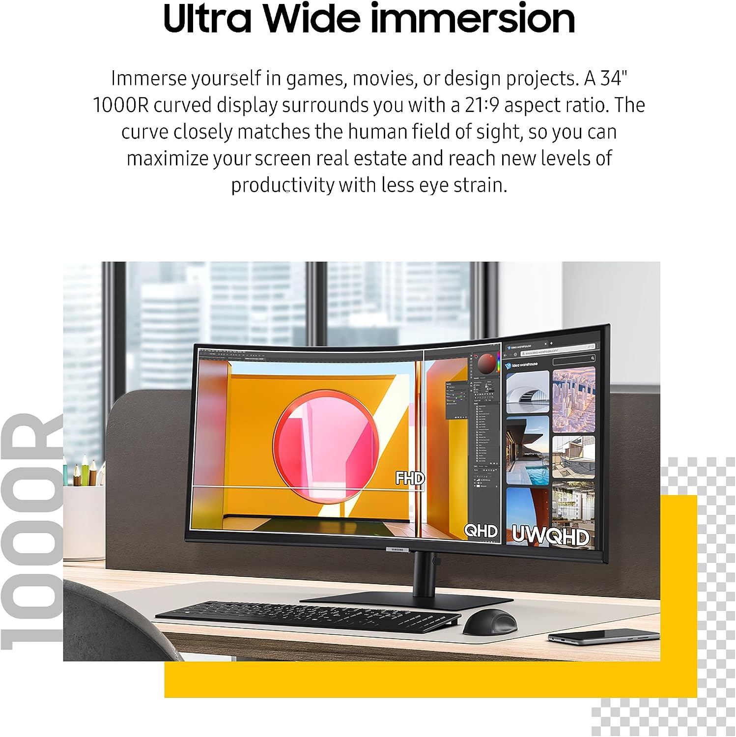 SAMSUNG 34' ViewFinity S65UA Series Ultrawide QHD Curved Monitor, HDR10, 100Hz, 350 nit, USB- C, Adjustable Stand, Intelligent Eye Care, LS34C650UANXGO, Black
