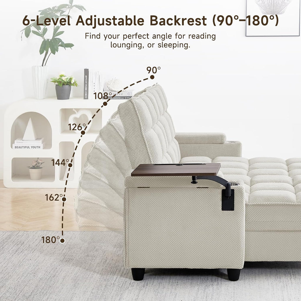 oaaktu 70.9'' Double Chaise Lounge with 360 Degree rotatable Side Table, Comfy Corduroy Indoor Lounge Chair with Armrest Storage, Cup Holder, USB Port, and Pillow for Living Room or Bedroom (Beige)