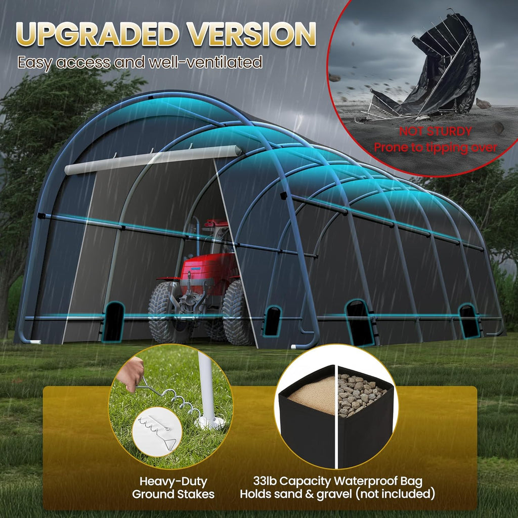 Kiss the Water Domed Carport with 4 Cloth Bags, Portable Garage with 2 Roll-up Doors, Heavy Duty Car Canopy Party Tent, All-Season Storage Shelter Shed for Boat, Truck, or Garden Tools, 12' x 25'