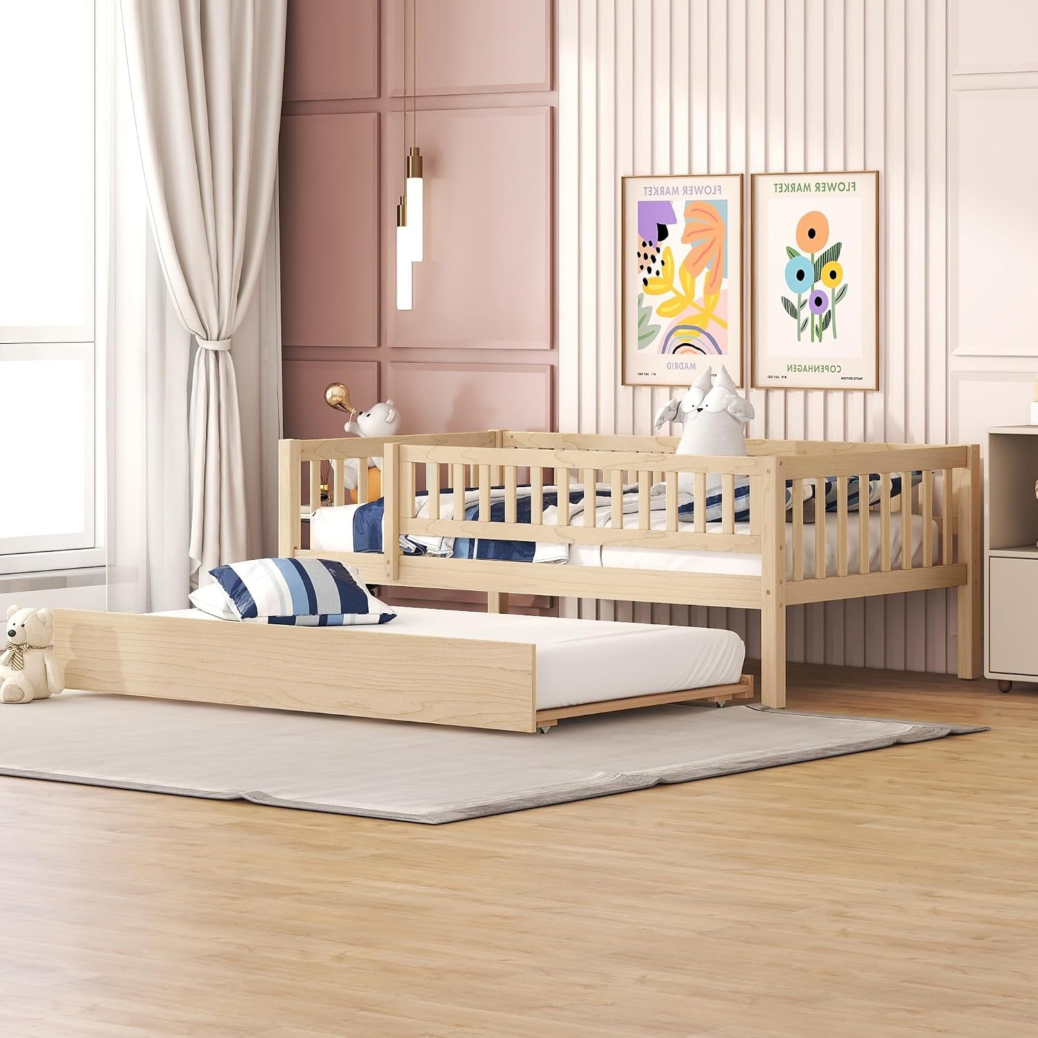 Twin Wood Bed Frame with Fence Railings and Trundle,Low Montessori Kids Platform Bed Frame with Full-Length Safety Guardrails,Dual-use Daybed for Bedroom and Living Room,Natural