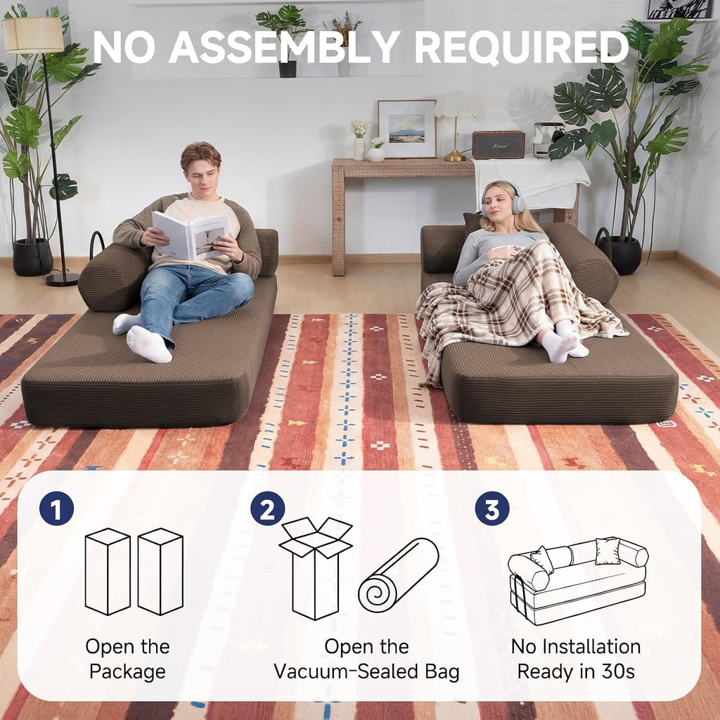 79' Boneless Couches for Living Room, Corduroy Sofa Bed with 2 Pillows,Side Pockets,Hex Arm, 5-in-1 Loveseat Sleeper Sofa for Small Spaces, High-Density Foam Couch, No Assembly, Brown