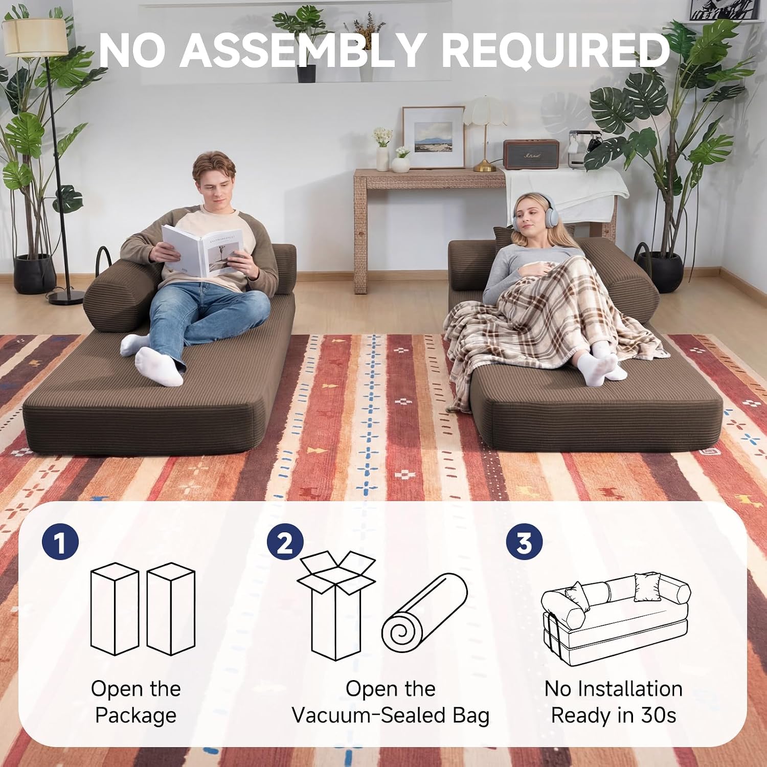 79' Boneless Couches for Living Room, Corduroy Sofa Bed with 2 Pillows,Side Pockets,Hex Arm, 5-in-1 Loveseat Sleeper Sofa for Small Spaces, High-Density Foam Couch, No Assembly, Brown