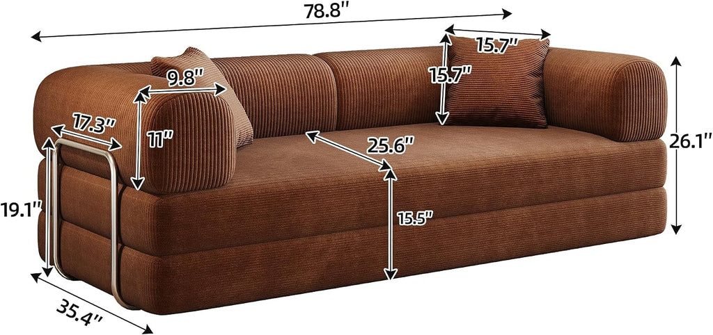 79' Convertible Sofa Bed, Corduroy Folding Pull Out Couch with Pillows, No Assembly Modern Boneless Couch Compression Sofa in Box, Floor Sofa with Support Rods for Living Room,Brown