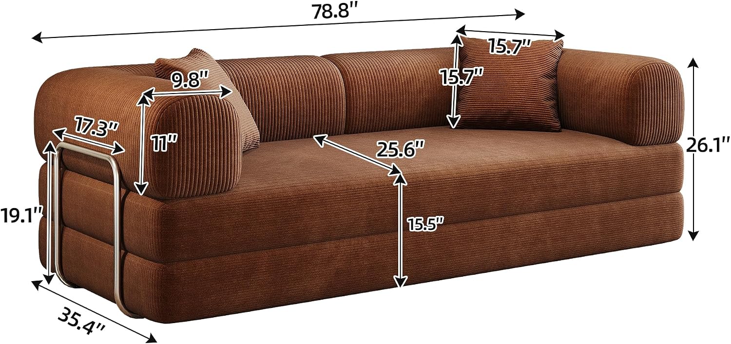 79' Convertible Sofa Bed, Corduroy Folding Pull Out Couch with Pillows, No Assembly Modern Boneless Couch Compression Sofa in Box, Floor Sofa with Support Rods for Living Room,Brown