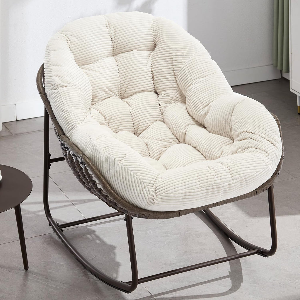 Oversized Papasan Rocking Chair - Outdoor Luxury Comfy Patio Chair, Indoor Egg Royal Rattan Rocking Chair with Strip Velvet Cushion for Front Porch Lounge Lawn Bedroom Living Room (White)