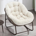 Oversized Papasan Rocking Chair - Outdoor Luxury Comfy Patio Chair, Indoor Egg Royal Rattan Rocking Chair with Strip Velvet Cushion for Front Porch Lounge Lawn Bedroom Living Room (White)