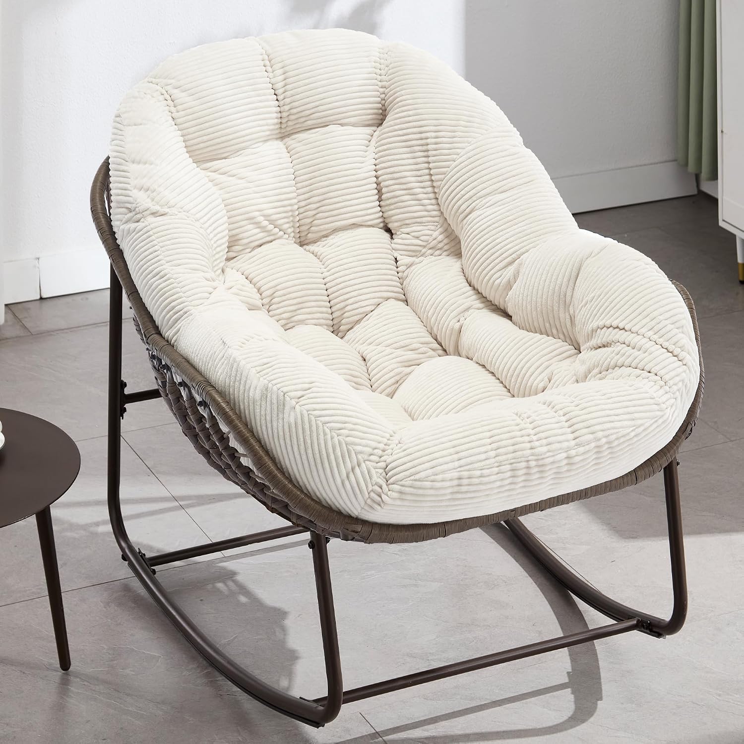 Oversized Papasan Rocking Chair - Outdoor Luxury Comfy Patio Chair, Indoor Egg Royal Rattan Rocking Chair with Strip Velvet Cushion for Front Porch Lounge Lawn Bedroom Living Room (White)