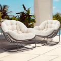 Oversized Papasan Rocking Chair - Outdoor Luxury Comfy Patio Chair Set of 2, Indoor Egg Royal Rattan Rocking Chair with Strip Velvet Cushion for Porch Lounge Bedroom Living Room (White)