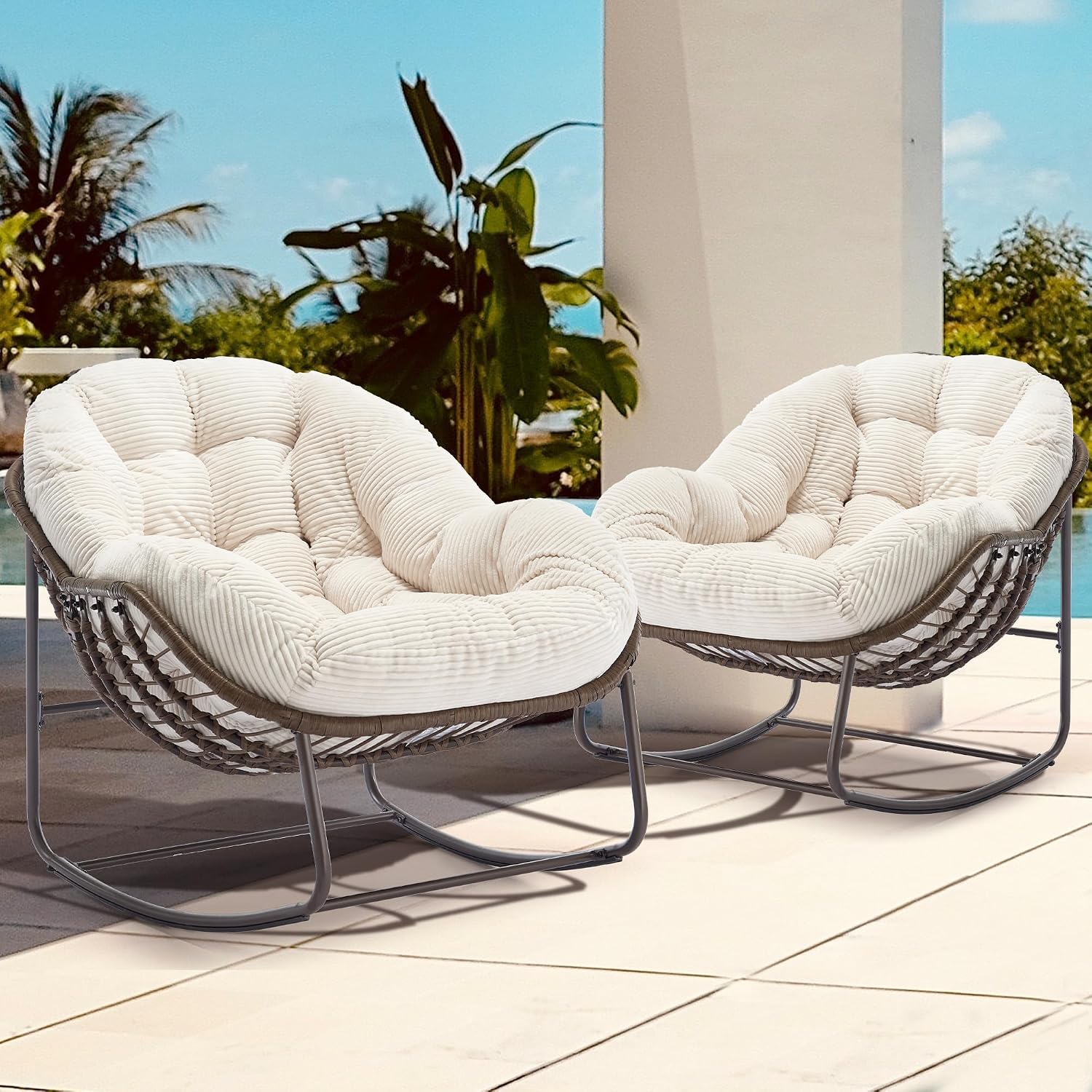 Oversized Papasan Rocking Chair - Outdoor Luxury Comfy Patio Chair Set of 2, Indoor Egg Royal Rattan Rocking Chair with Strip Velvet Cushion for Porch Lounge Bedroom Living Room (White)