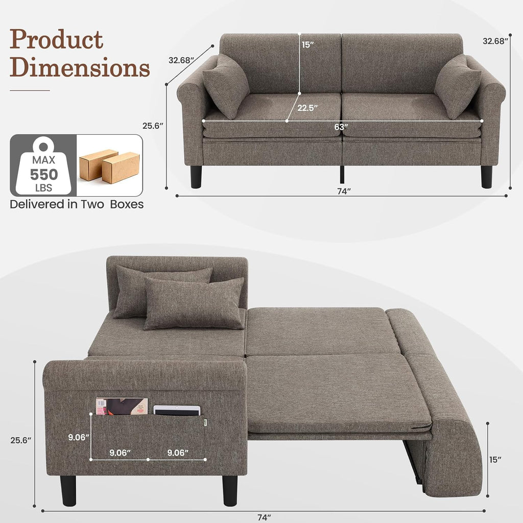 SEJOV 74' Convertible Sofa Bed, 5-in-1 Loveseat Sleeper Sofas with Pull Out Couch Bed, Storage Pockets & 2 Pillows, Modern Folding Linen Futon Couch for Living Room, Bedroom, Small Space, Brown