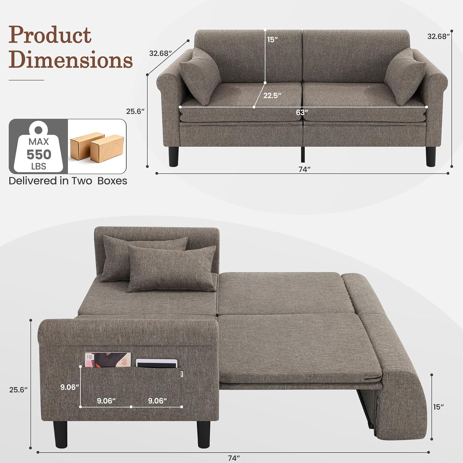 SEJOV 74' Convertible Sofa Bed, 5-in-1 Loveseat Sleeper Sofas with Pull Out Couch Bed, Storage Pockets & 2 Pillows, Modern Folding Linen Futon Couch for Living Room, Bedroom, Small Space, Brown