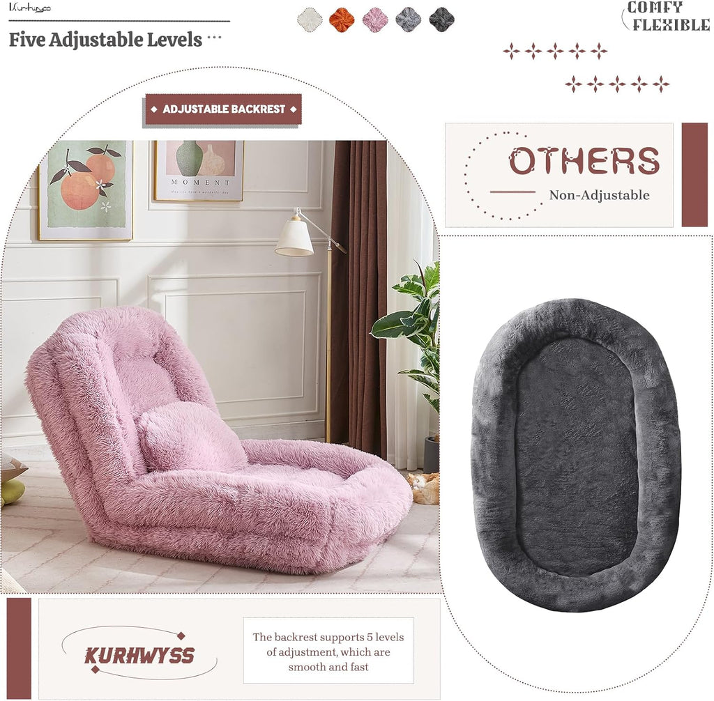 Upholstered Human Dog Bed for Adult & Pets, Convertible Lazy Sofa Bed with 5 Adjustable Position, Comfy Tatami Bean Bag Lounge Chair with a Soft Pillow for Bedroom Living Room (Pink Fluffy)
