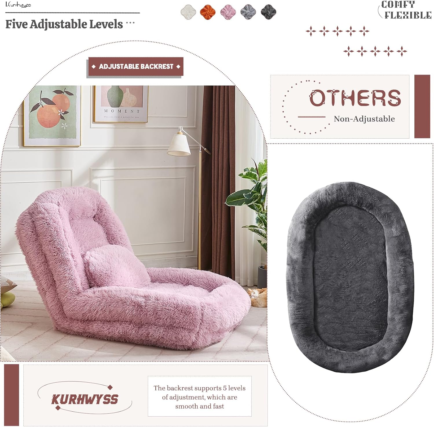 Upholstered Human Dog Bed for Adult & Pets, Convertible Lazy Sofa Bed with 5 Adjustable Position, Comfy Tatami Bean Bag Lounge Chair with a Soft Pillow for Bedroom Living Room (Pink Fluffy)