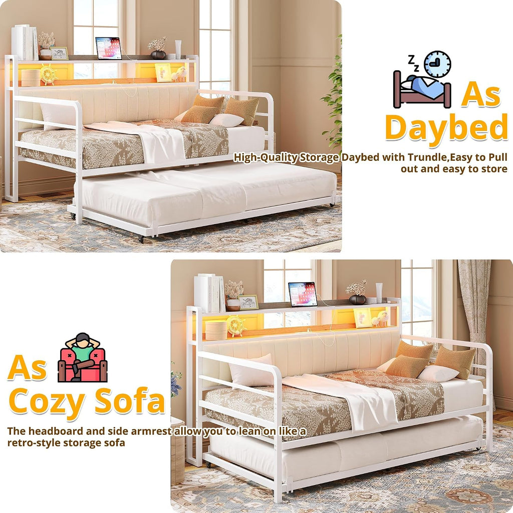 ANCTOR Daybed with Trundle, LED Lights and Charging Station, Full Size Daybed with 2-Tier Storage Shelves and Upholstered Headboard, Metal Sofa Bed Frame for Living Room, Bedroom, White