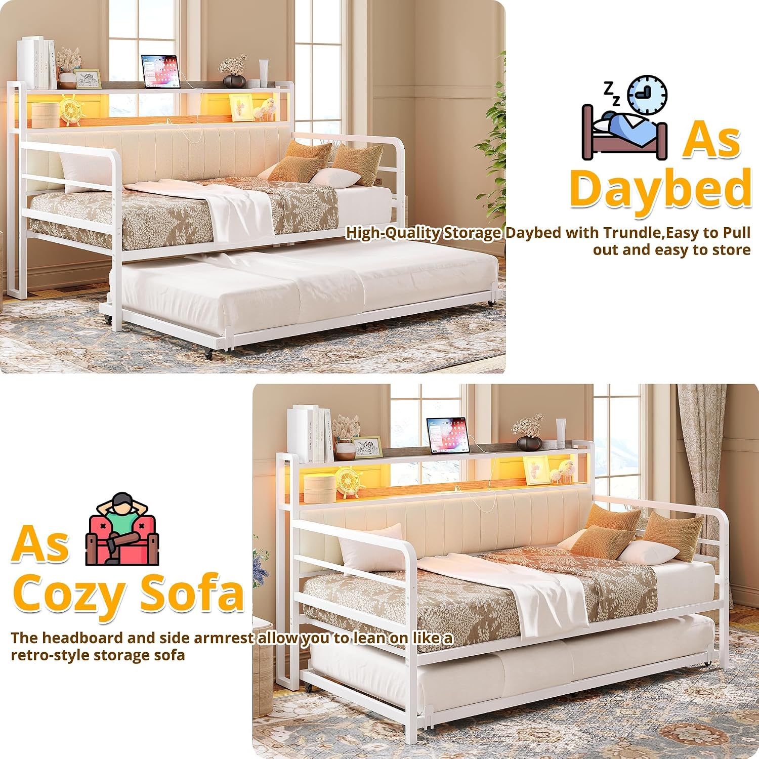 ANCTOR Daybed with Trundle, LED Lights and Charging Station, Full Size Daybed with 2-Tier Storage Shelves and Upholstered Headboard, Metal Sofa Bed Frame for Living Room, Bedroom, White