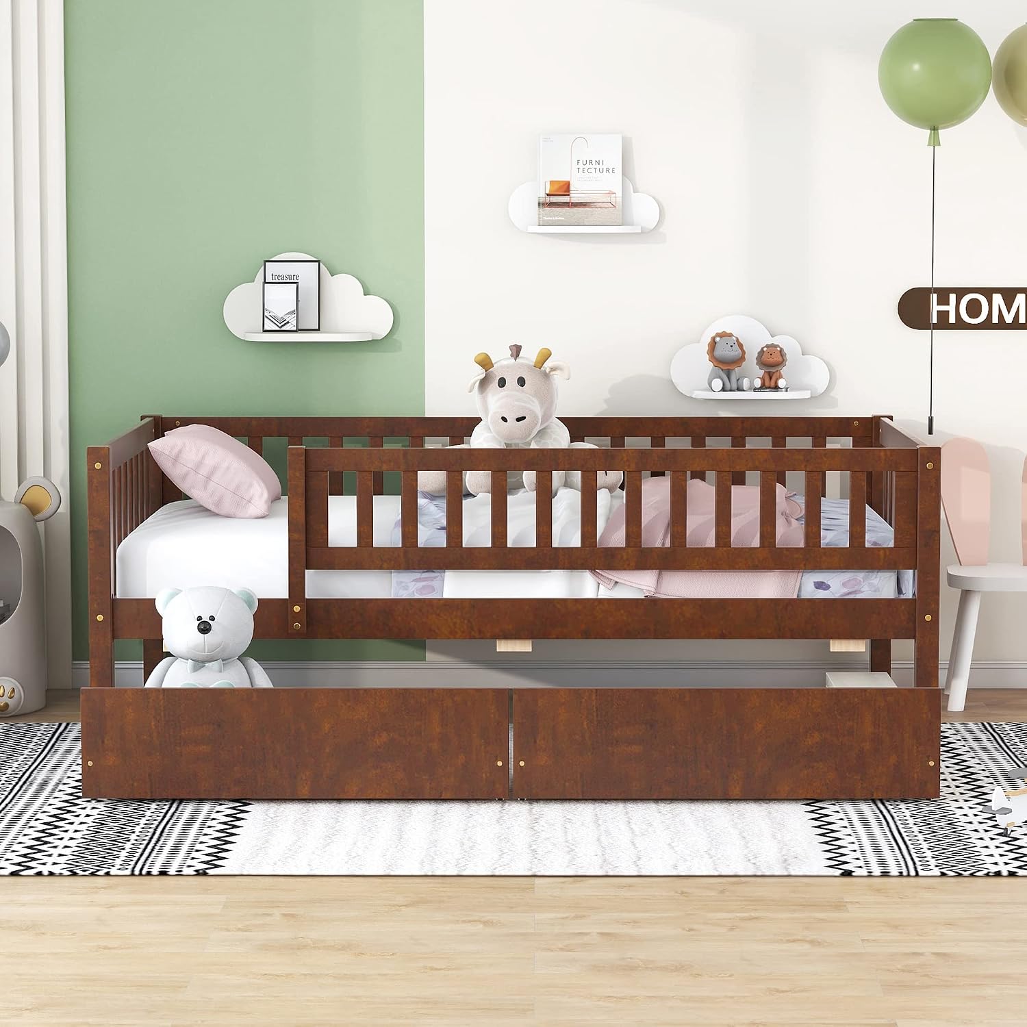 Montessori Bed Frame with Fence Railings and Drawers for Kids,Twin Size Wood Low Platform Bed Frame with Full-Length Safety Guardrails for Boys Girls,No Box Spring Needed,Walnut