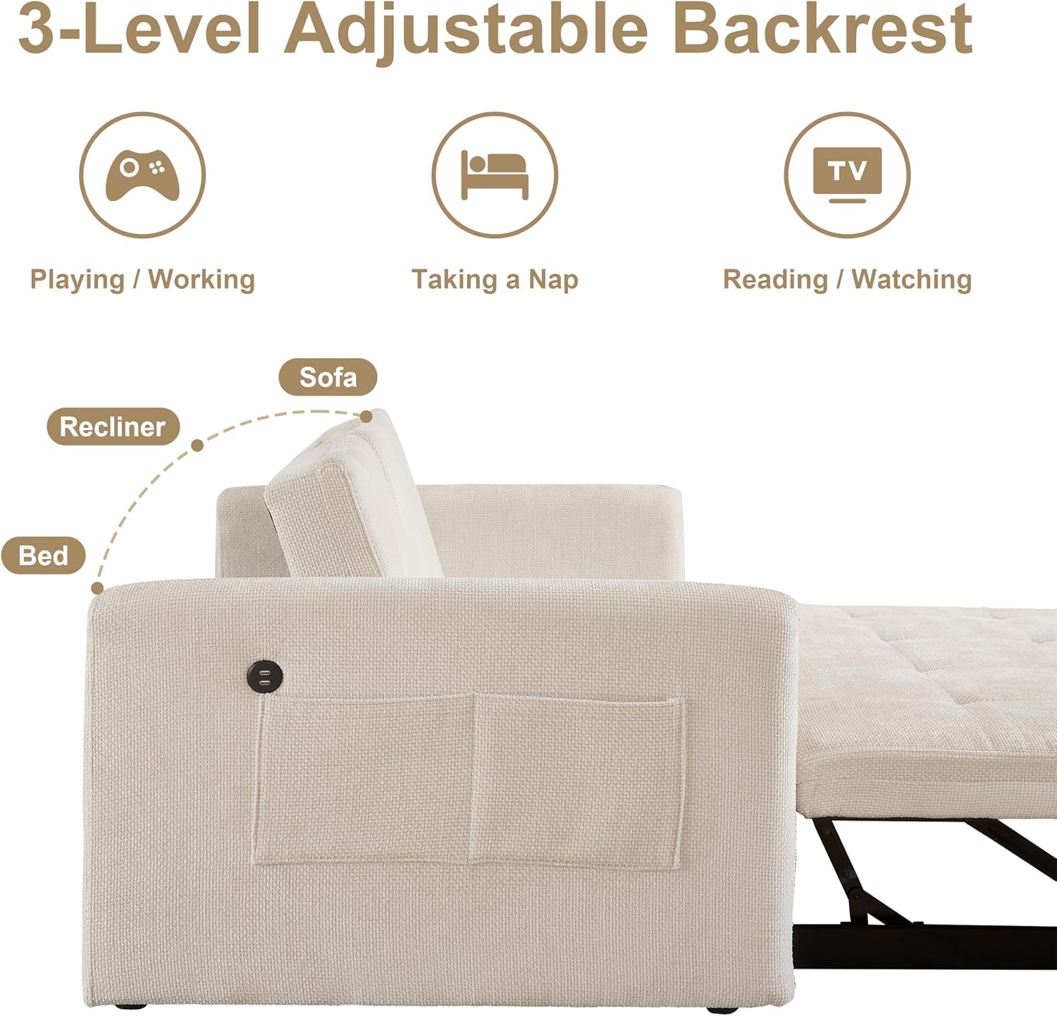 57.48' Convertible Sofa Bed with Cup Holder, Pull Out Sleeper Sofa Bed with USB Charging Ports, 3 in 1 Convertible Sleeper Sofa Bed for Living Room, Apartment, Bedroom, RV, Beige